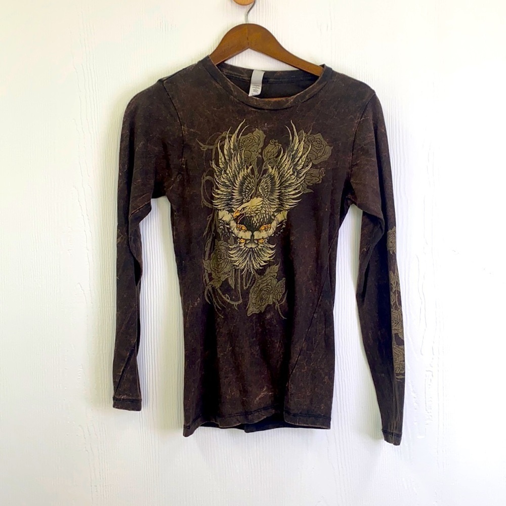 Hot Leathers - Brown Tie Dyed Bald Eagle and Roses Long Sleeve Shirt Size Medium